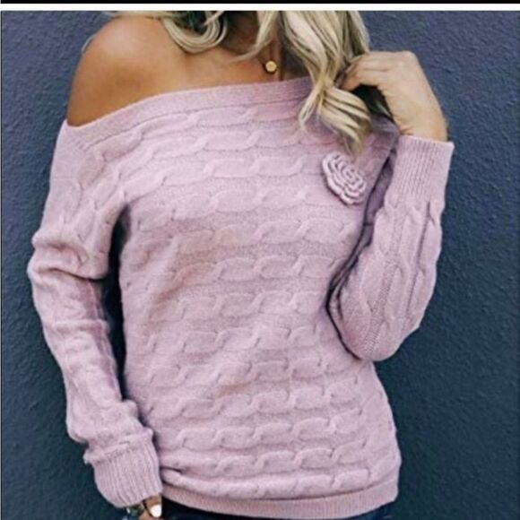 MILITARY HIPPIE DUSTY BLUSH PINK LILAC LAVENDER OFF SHOULDER CHUNKY KNIT SWEATER - Picture 2 of 16